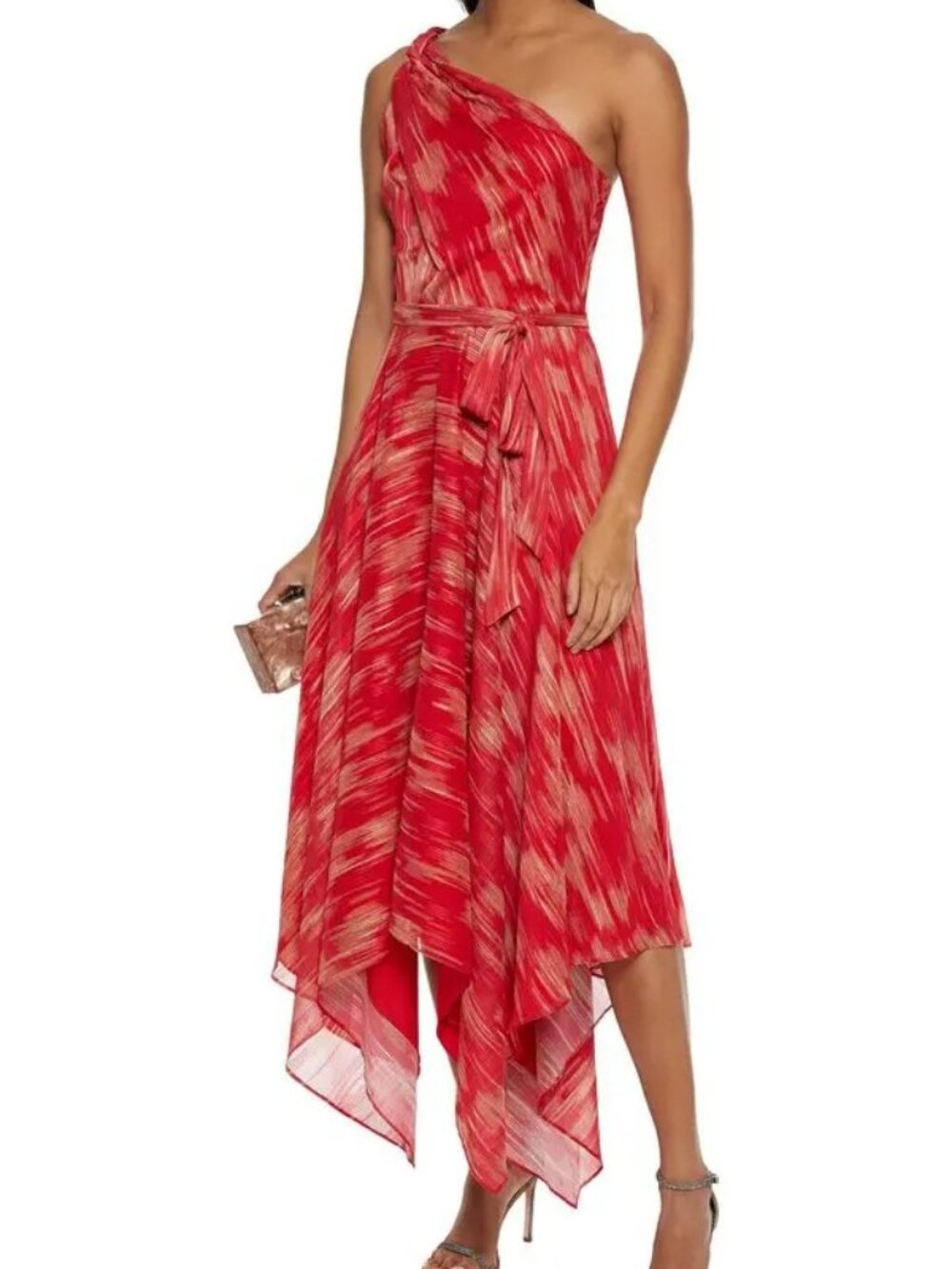 Halston Georgette Red and Metallic one-shoulder evening/party Dress, Size 10